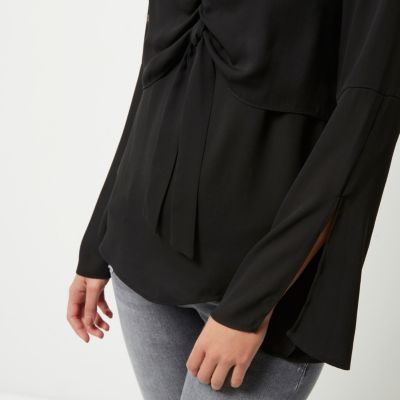 Black layered tie front blouse